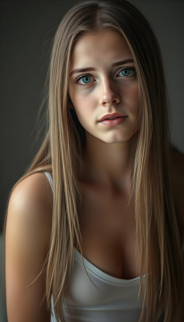 A young adult well busty girl, perfect female body, with long, straight, silky hair sits in a softly lit studio, her innocence radiating in her wide, curious blue shiny eyes. She is dressed in a white thin undershirt, low v-neck. The background is a gradient of soft greys and muted tones, giving a timeless feel. Her posture is relaxed yet poised, her hands gently resting on her lap. The lighting is soft and warm, casting gentle shadows that enhance her delicate features. The atmosphere is serene and contemplative, with a hint of dreaminess.