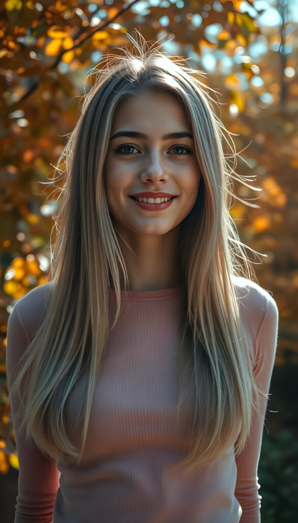 A young adult well busty girl with a radiant smile, standing against a backdrop of vibrant autumn trees, her blond straight hair cascading like a waterfall brown highlights, wearing a thin tight pink plain chiffon sweater, with intricate details on her face and a serene expression, as sunlight filters through the leaves, casting a warm, golden glow.