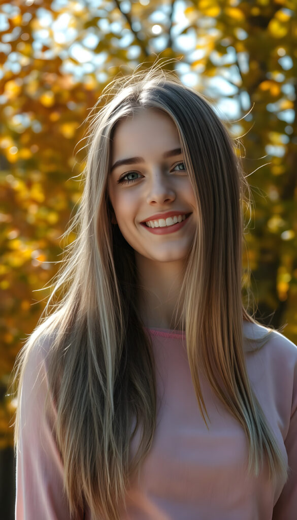 A young adult well busty girl with a radiant smile, standing against a backdrop of vibrant autumn trees, her blond straight hair cascading like a waterfall brown highlights, wearing a thin tight pink plain chiffon sweater, with intricate details on her face and a serene expression, as sunlight filters through the leaves, casting a warm, golden glow.