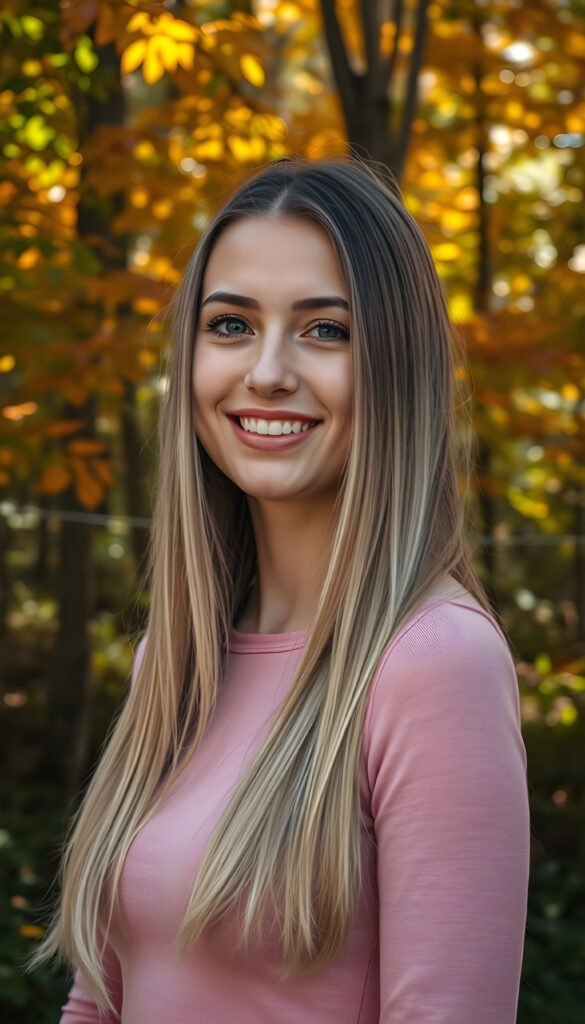 A young adult well busty girl with a radiant smile, standing against a backdrop of vibrant autumn trees, her blond straight hair cascading like a waterfall brown highlights, wearing a thin tight pink plain chiffon sweater, with intricate details on her face and a serene expression, as sunlight filters through the leaves, casting a warm, golden glow.