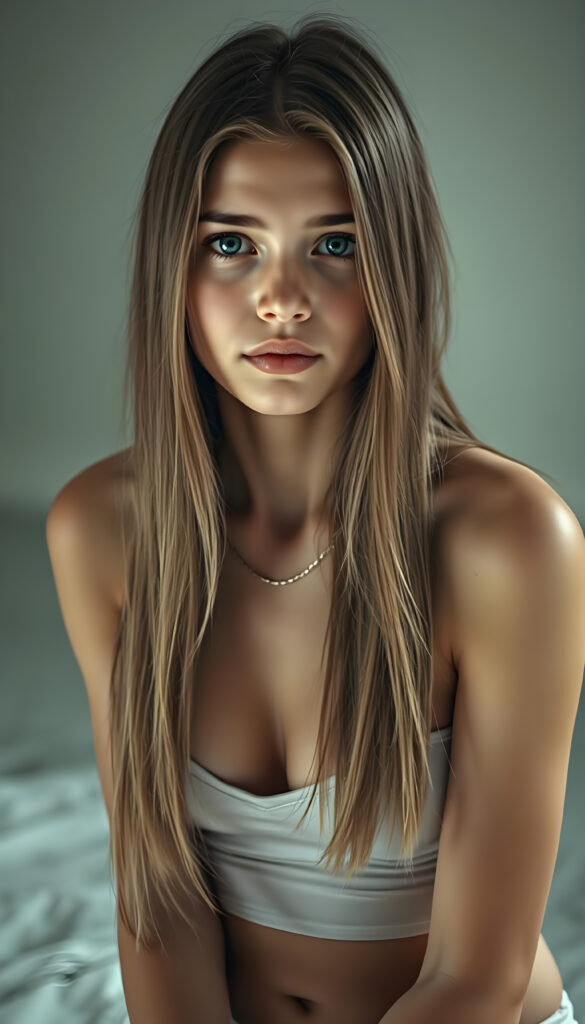 A young adult well busty girl, perfect female body, with long, straight, silky hair sits in a softly lit studio, her innocence radiating in her wide, curious blue shiny eyes. She is dressed in a white thin undershirt, low v-neck. The background is a gradient of soft greys and muted tones, giving a timeless feel. Her posture is relaxed yet poised, her hands gently resting on her lap. The lighting is soft and warm, casting gentle shadows that enhance her delicate features. The atmosphere is serene and contemplative, with a hint of dreaminess.