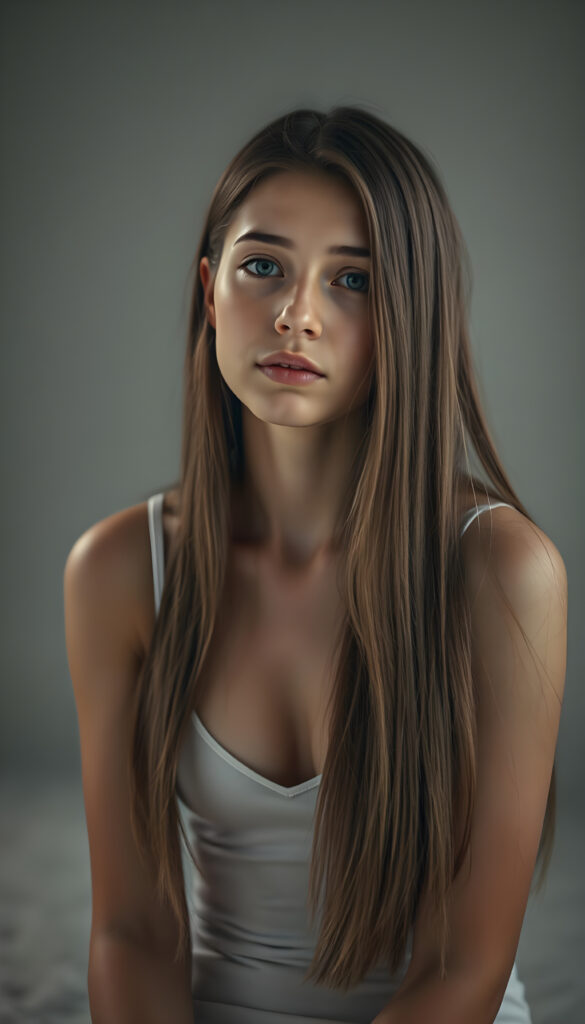 A young adult well busty girl, perfect female body, with long, straight, silky hair sits in a softly lit studio, her innocence radiating in her wide, curious blue shiny eyes. She is dressed in a white thin undershirt, low v-neck. The background is a gradient of soft greys and muted tones, giving a timeless feel. Her posture is relaxed yet poised, her hands gently resting on her lap. The lighting is soft and warm, casting gentle shadows that enhance her delicate features. The atmosphere is serene and contemplative, with a hint of dreaminess.