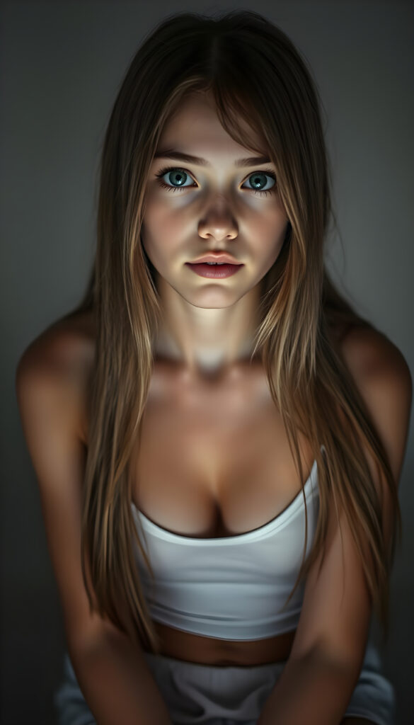A young adult well busty girl, perfect female body, with long, straight, silky hair sits in a softly lit studio, her innocence radiating in her wide, curious blue shiny eyes. She is dressed in a white thin undershirt, low v-neck. The background is a gradient of soft greys and muted tones, giving a timeless feel. Her posture is relaxed yet poised, her hands gently resting on her lap. The lighting is soft and warm, casting gentle shadows that enhance her delicate features. The atmosphere is serene and contemplative, with a hint of dreaminess.