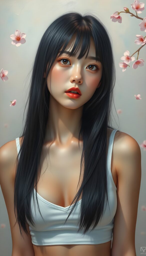 A young and stunning Korean girl with long, silky black full open straight hair, bangs elegantly framing her face, and full lips that are softly glossed. Her hyper-realistic eyes, with large white irises and perfectly matched pupils, give her a captivating gaze. She wears a short, tight white tank top that reveals a significant amount of her chest, and a deep v-neck adds to her allure. The image is set against a dreamy, pastel-colored backdrop with soft, warm lighting that highlights her flawless complexion and symmetrical features. A few cherry blossoms gently drift in the air, adding a touch of whimsy and beauty to the scene. Round face.