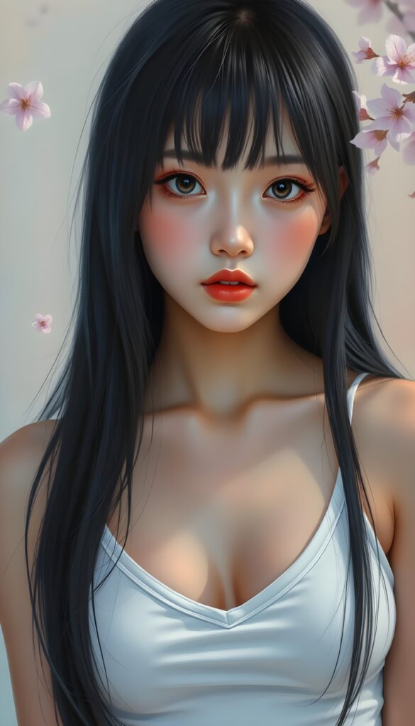 A young and stunning Korean girl with long, silky black full open straight hair, bangs elegantly framing her face, and full lips that are softly glossed. Her hyper-realistic eyes, with large white irises and perfectly matched pupils, give her a captivating gaze. She wears a short, tight white tank top that reveals a significant amount of her chest, and a deep v-neck adds to her allure. The image is set against a dreamy, pastel-colored backdrop with soft, warm lighting that highlights her flawless complexion and symmetrical features. A few cherry blossoms gently drift in the air, adding a touch of whimsy and beauty to the scene. Round face.