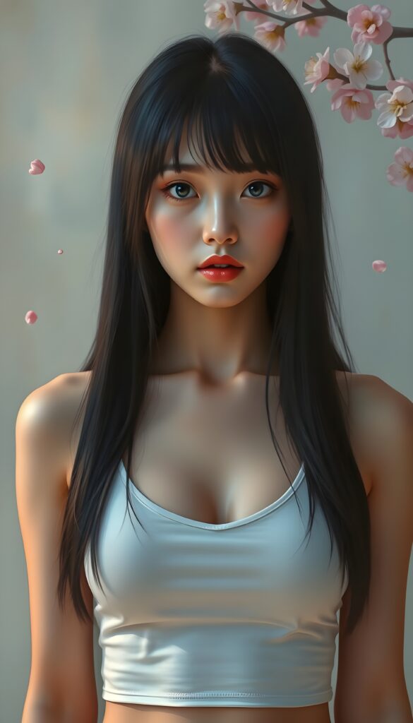 A young and stunning Korean girl with long, silky black full open straight hair, bangs elegantly framing her face, and full lips that are softly glossed. Her hyper-realistic eyes, with large white irises and perfectly matched pupils, give her a captivating gaze. She wears a short, tight white tank top that reveals a significant amount of her chest, and a deep v-neck adds to her allure. The image is set against a dreamy, pastel-colored backdrop with soft, warm lighting that highlights her flawless complexion and symmetrical features. A few cherry blossoms gently drift in the air, adding a touch of whimsy and beauty to the scene. Round face.