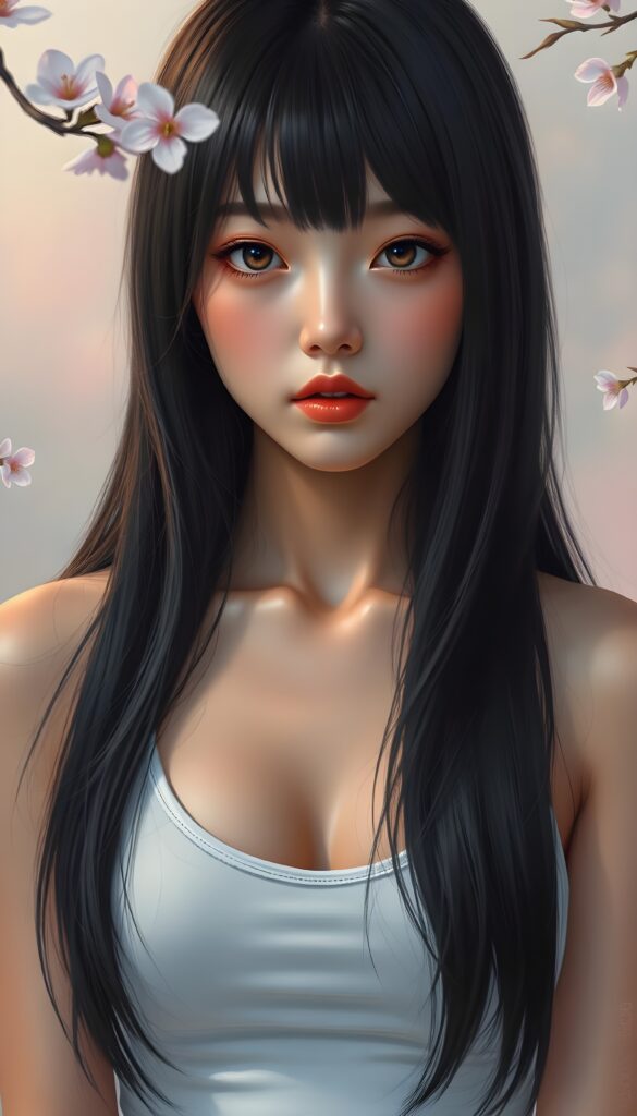 A young and stunning Korean girl with long, silky black full open straight hair, bangs elegantly framing her face, and full lips that are softly glossed. Her hyper-realistic eyes, with large white irises and perfectly matched pupils, give her a captivating gaze. She wears a short, tight white tank top that reveals a significant amount of her chest, and a deep v-neck adds to her allure. The image is set against a dreamy, pastel-colored backdrop with soft, warm lighting that highlights her flawless complexion and symmetrical features. A few cherry blossoms gently drift in the air, adding a touch of whimsy and beauty to the scene. Round face.
