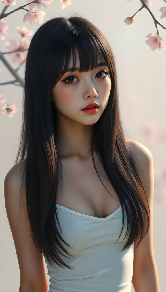 A young and stunning Korean girl with long, silky black full open straight hair, bangs elegantly framing her face, and full lips that are softly glossed. Her hyper-realistic eyes, with large white irises and perfectly matched pupils, give her a captivating gaze. She wears a short, tight white tank top that reveals a significant amount of her chest, and a deep v-neck adds to her allure. The image is set against a dreamy, pastel-colored backdrop with soft, warm lighting that highlights her flawless complexion and symmetrical features. A few cherry blossoms gently drift in the air, adding a touch of whimsy and beauty to the scene. Round face.