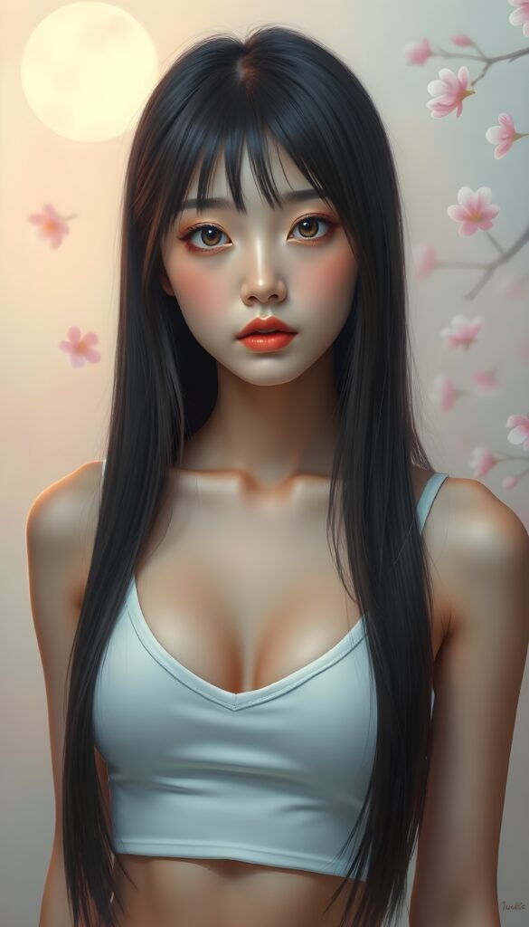A young and stunning Korean girl with long, silky black full open straight hair, bangs elegantly framing her face, and full lips that are softly glossed. Her hyper-realistic eyes, with large white irises and perfectly matched pupils, give her a captivating gaze. She wears a short, tight white tank top that reveals a significant amount of her chest, and a deep v-neck adds to her allure. The image is set against a dreamy, pastel-colored backdrop with soft, warm lighting that highlights her flawless complexion and symmetrical features. A few cherry blossoms gently drift in the air, adding a touch of whimsy and beauty to the scene. Round face.