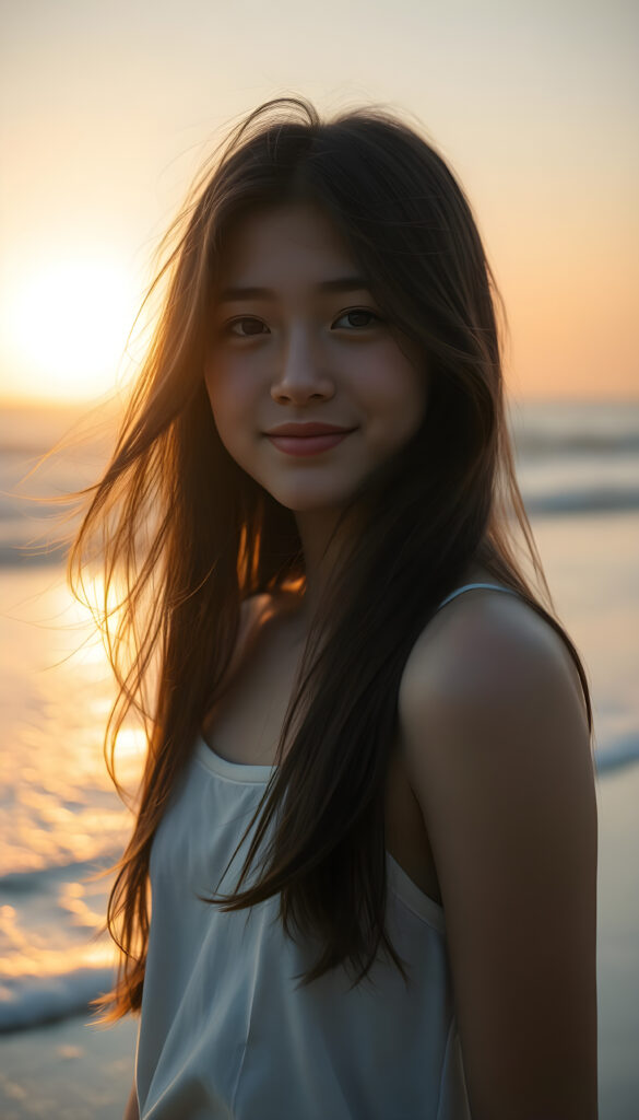 A young, artistic girl with long, flowing dark hair adorned with subtle highlights stands on a serene beach at sunrise. Her hair cascades around her face, accentuating her delicate features. She wears a simple, white cotton tank top, her expression a warm, gentle smile. The scene is bathed in soft, golden light, with the sun casting a warm glow over the ocean and her silhouette. The background features rolling waves and a distant horizon, creating a peaceful and dreamy atmosphere.