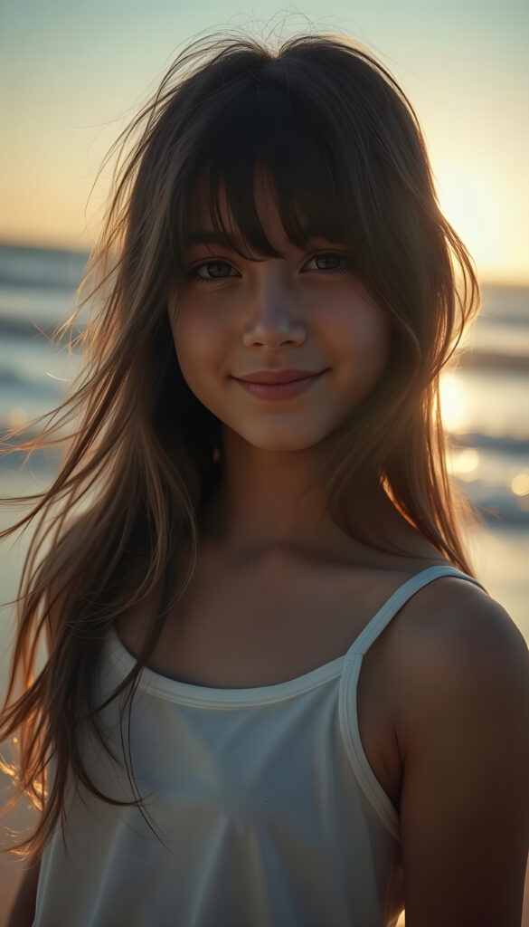 A young, artistic girl with long, flowing dark hair adorned with subtle highlights stands on a serene beach at sunrise. Her hair cascades around her face, accentuating her delicate features. She wears a simple, white cotton tank top, her expression a warm, gentle smile. The scene is bathed in soft, golden light, with the sun casting a warm glow over the ocean and her silhouette. The background features rolling waves and a distant horizon, creating a peaceful and dreamy atmosphere.