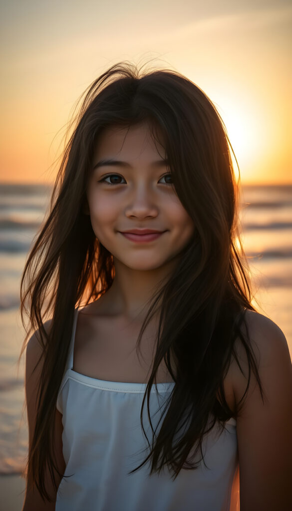 A young, artistic girl with long, flowing dark hair adorned with subtle highlights stands on a serene beach at sunrise. Her hair cascades around her face, accentuating her delicate features. She wears a simple, white cotton tank top, her expression a warm, gentle smile. The scene is bathed in soft, golden light, with the sun casting a warm glow over the ocean and her silhouette. The background features rolling waves and a distant horizon, creating a peaceful and dreamy atmosphere.