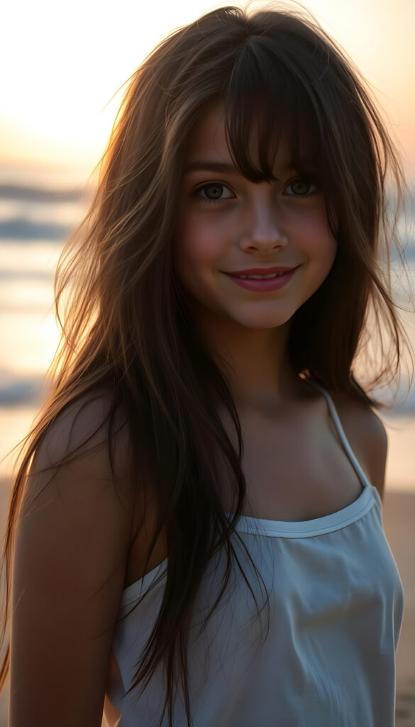 A young, artistic girl with long, flowing dark hair adorned with subtle highlights stands on a serene beach at sunrise. Her hair cascades around her face, accentuating her delicate features. She wears a simple, white cotton tank top, her expression a warm, gentle smile. The scene is bathed in soft, golden light, with the sun casting a warm glow over the ocean and her silhouette. The background features rolling waves and a distant horizon, creating a peaceful and dreamy atmosphere.