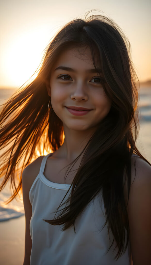 A young, artistic girl with long, flowing dark hair adorned with subtle highlights stands on a serene beach at sunrise. Her hair cascades around her face, accentuating her delicate features. She wears a simple, white cotton tank top, her expression a warm, gentle smile. The scene is bathed in soft, golden light, with the sun casting a warm glow over the ocean and her silhouette. The background features rolling waves and a distant horizon, creating a peaceful and dreamy atmosphere.