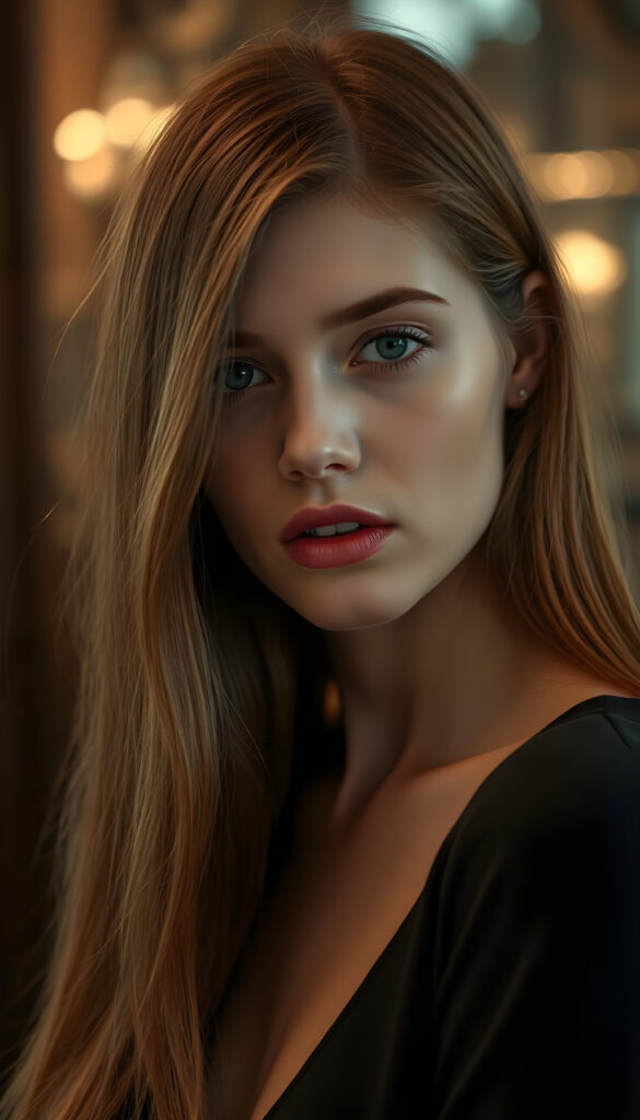 A young, attractive woman with fine, smooth, copper-red long hair, flawless skin, red kissable lips, green round shining eyes, maskara and perfect makeup, sensual pose. Photo Realistic, 35 mm