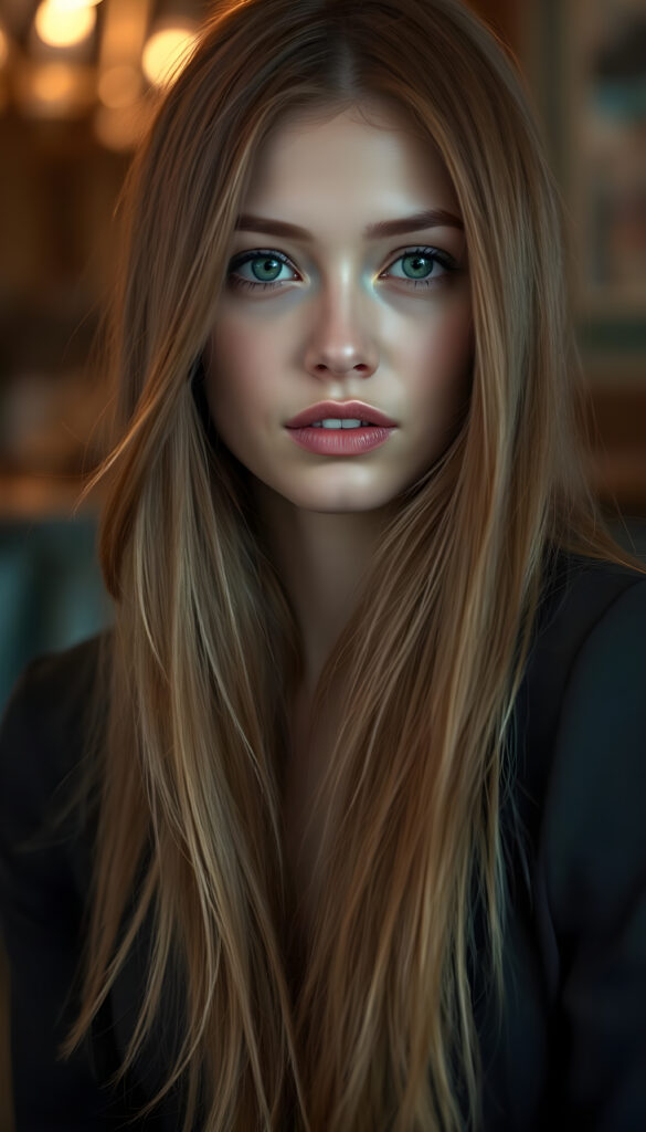 A young, attractive woman with fine, smooth, copper-red long hair, flawless skin, red kissable lips, green round shining eyes, maskara and perfect makeup, sensual pose. Photo Realistic, 35 mm