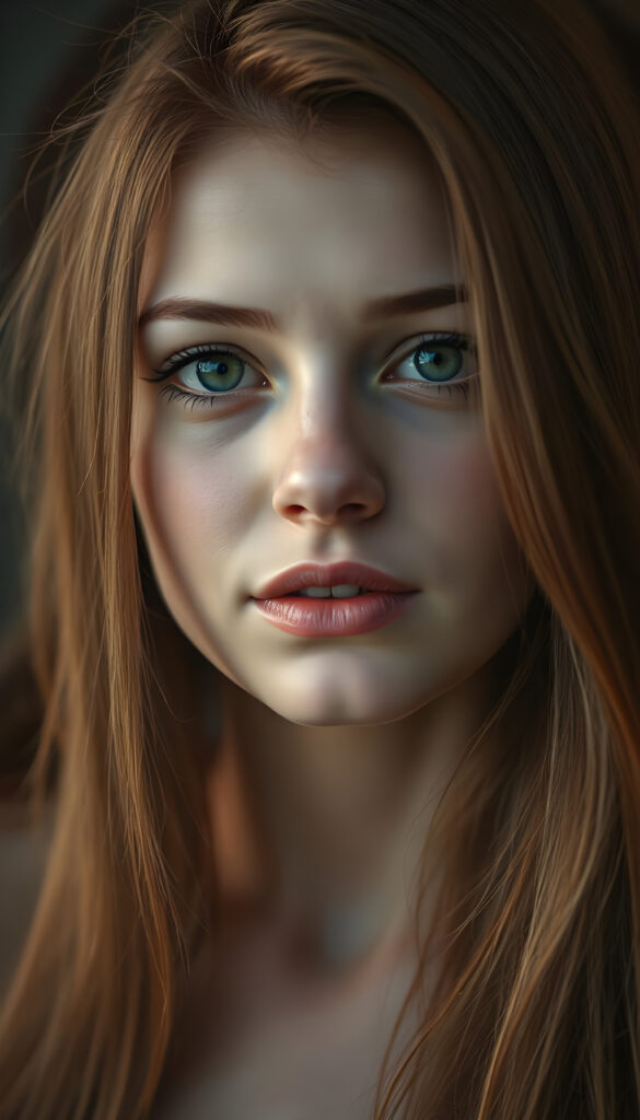 A young, attractive woman with fine, smooth, copper-red long hair, flawless skin, red kissable lips, green round shining eyes, maskara and perfect makeup, sensual pose. Photo Realistic, 35 mm