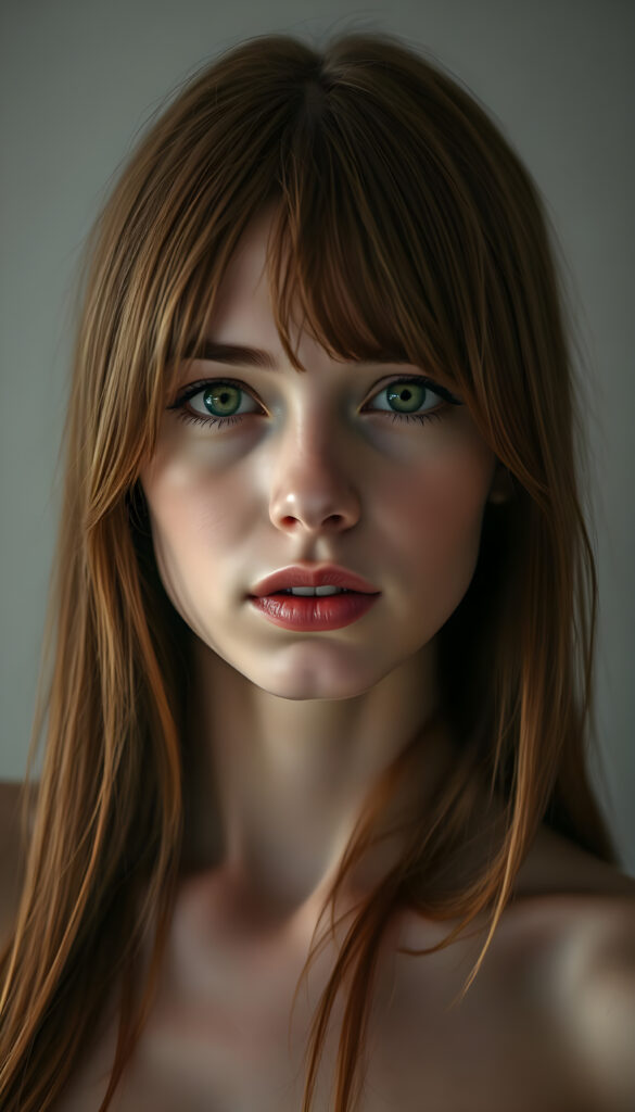 A young, attractive woman with fine, smooth, copper-red long hair, flawless skin, red kissable lips, green round shining eyes, maskara and perfect makeup, sensual pose. Photo Realistic, 35 mm