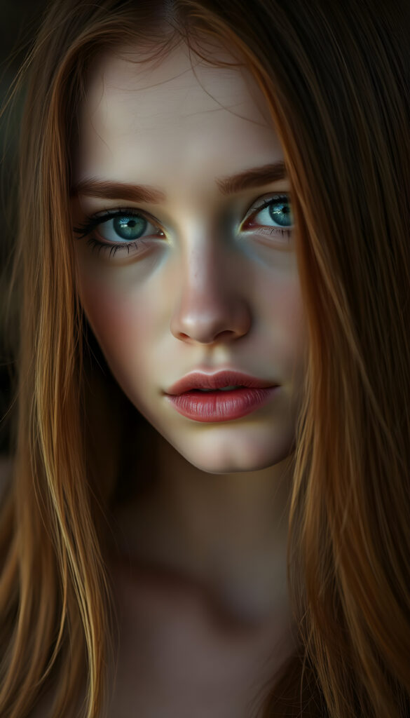 A young, attractive woman with fine, smooth, copper-red long hair, flawless skin, red kissable lips, green round shining eyes, maskara and perfect makeup, sensual pose. Photo Realistic, 35 mm