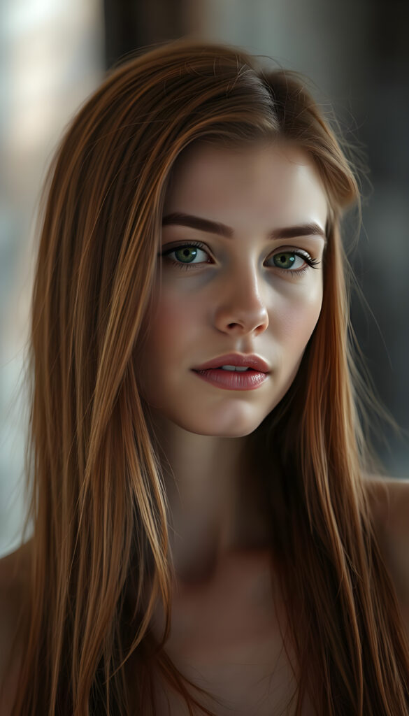 A young, attractive woman with fine, smooth, copper-red long hair, flawless skin, red kissable lips, green round shining eyes, maskara and perfect makeup, sensual pose. Photo Realistic, 35 mm