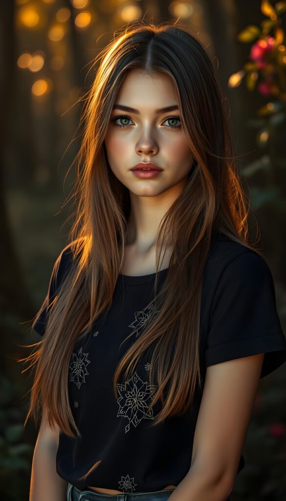A young attractive woman with a round face, long straight light brown hair, and deep blue eyes, resembling a doll, stands gracefully before the viewer. She wears a black t-shirt adorned with subtle, shimmering magical patterns. The warm golden light bathes her, casting a soft glow that highlights her delicate features and flowing hair. The backdrop is an enchanted forest at sunset, with vibrant colors and mystical elements, enhancing the dreamy atmosphere.