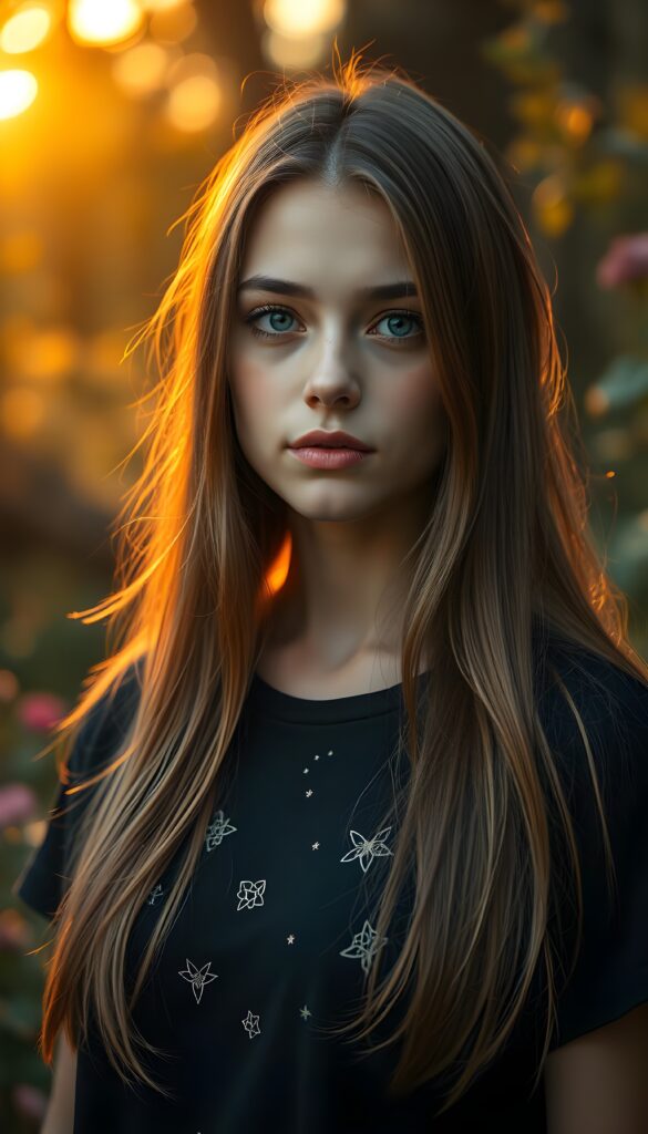 A young attractive woman with a round face, long straight light brown hair, and deep blue eyes, resembling a doll, stands gracefully before the viewer. She wears a black t-shirt adorned with subtle, shimmering magical patterns. The warm golden light bathes her, casting a soft glow that highlights her delicate features and flowing hair. The backdrop is an enchanted forest at sunset, with vibrant colors and mystical elements, enhancing the dreamy atmosphere.