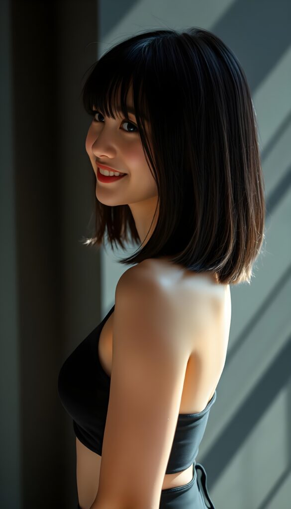 A young attractive girl, with softly black straight hair in a perfect shoulder-length bob cut and a perfectly curved body, wears a form-fitting, low-cut, sleek cropped tank top and a black short mini skirt. The vivid colors and high resolution make her look radiant, set against a deep, intricate shadow that highlights every detail. Her warm smile is captured in a side portrait shot, showcasing her stunning beauty and confidence. Side view. Round small belly button.