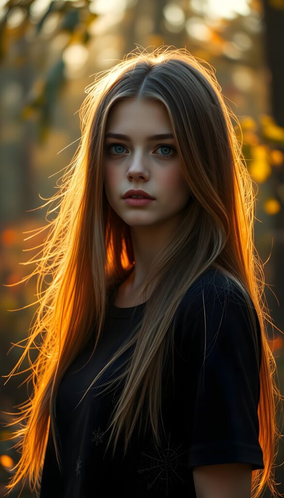 A young attractive woman with a round face, long straight light brown hair, and deep blue eyes, resembling a doll, stands gracefully before the viewer. She wears a black t-shirt adorned with subtle, shimmering magical patterns. The warm golden light bathes her, casting a soft glow that highlights her delicate features and flowing hair. The backdrop is an enchanted forest at sunset, with vibrant colors and mystical elements, enhancing the dreamy atmosphere.