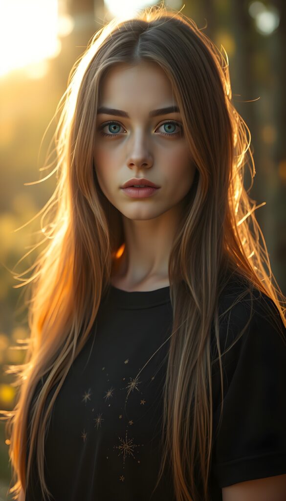 A young attractive woman with a round face, long straight light brown hair, and deep blue eyes, resembling a doll, stands gracefully before the viewer. She wears a black t-shirt adorned with subtle, shimmering magical patterns. The warm golden light bathes her, casting a soft glow that highlights her delicate features and flowing hair. The backdrop is an enchanted forest at sunset, with vibrant colors and mystical elements, enhancing the dreamy atmosphere.