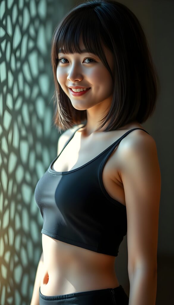 A young attractive girl, with softly black straight hair in a perfect shoulder-length bob cut and a perfectly curved body, wears a form-fitting, low-cut, sleek cropped tank top and a black short mini skirt. The vivid colors and high resolution make her look radiant, set against a deep, intricate shadow that highlights every detail. Her warm smile is captured in a side portrait shot, showcasing her stunning beauty and confidence. Side view. Round small belly button.