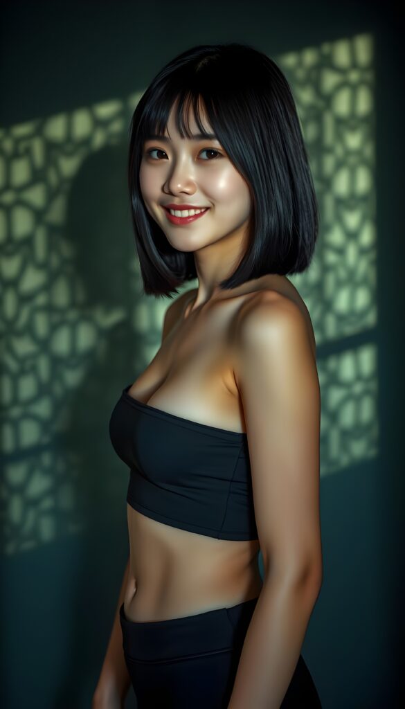 A young attractive girl, with softly black straight hair in a perfect shoulder-length bob cut and a perfectly curved body, wears a form-fitting, low-cut, sleek cropped tank top and a black short mini skirt. The vivid colors and high resolution make her look radiant, set against a deep, intricate shadow that highlights every detail. Her warm smile is captured in a side portrait shot, showcasing her stunning beauty and confidence. Side view. Round small belly button.