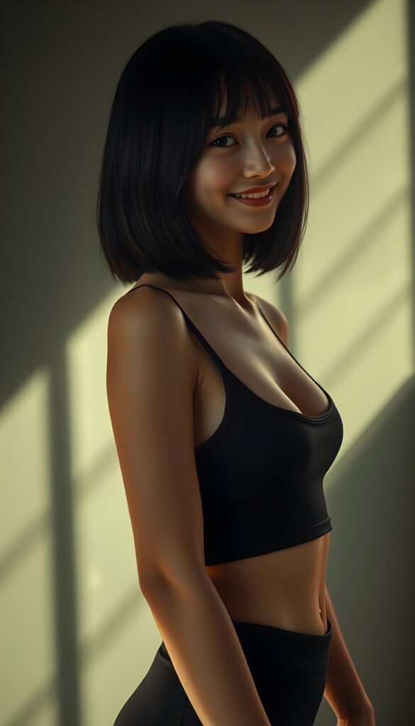 A young attractive girl, with softly black straight hair in a perfect shoulder-length bob cut and a perfectly curved body, wears a form-fitting, low-cut, sleek cropped tank top and a black short mini skirt. The vivid colors and high resolution make her look radiant, set against a deep, intricate shadow that highlights every detail. Her warm smile is captured in a side portrait shot, showcasing her stunning beauty and confidence. Side view. Round small belly button.