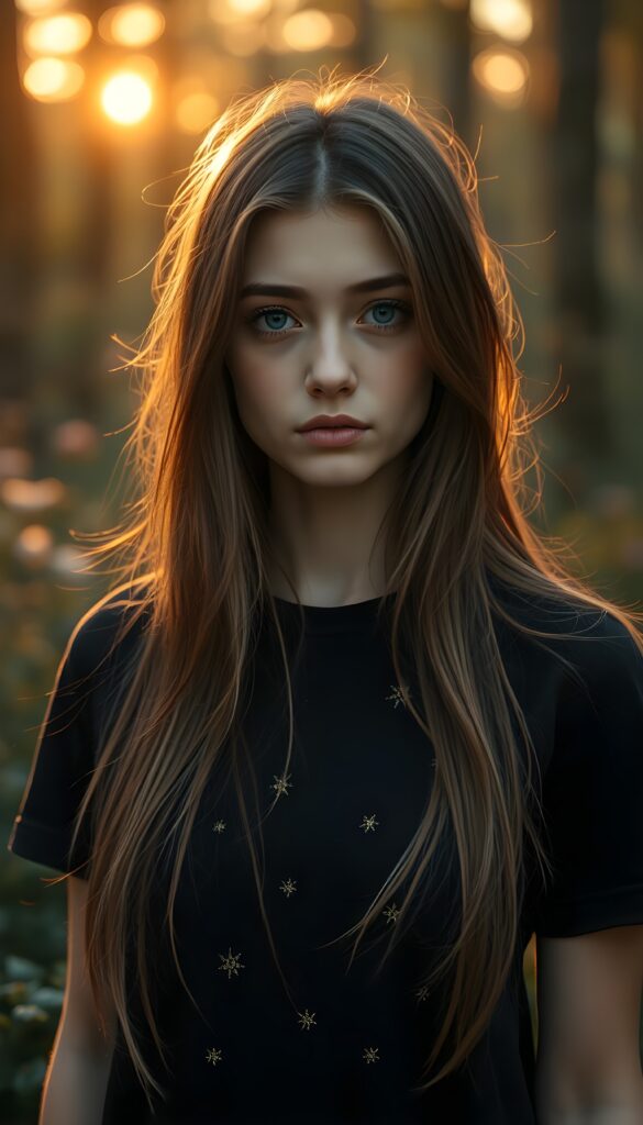 A young attractive woman with a round face, long straight light brown hair, and deep blue eyes, resembling a doll, stands gracefully before the viewer. She wears a black t-shirt adorned with subtle, shimmering magical patterns. The warm golden light bathes her, casting a soft glow that highlights her delicate features and flowing hair. The backdrop is an enchanted forest at sunset, with vibrant colors and mystical elements, enhancing the dreamy atmosphere.