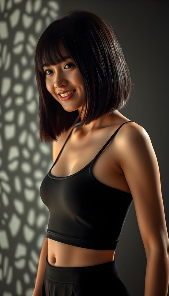 A young attractive girl, with softly black straight hair in a perfect shoulder-length bob cut and a perfectly curved body, wears a form-fitting, low-cut, sleek cropped tank top and a black short mini skirt. The vivid colors and high resolution make her look radiant, set against a deep, intricate shadow that highlights every detail. Her warm smile is captured in a side portrait shot, showcasing her stunning beauty and confidence. Side view. Round small belly button.