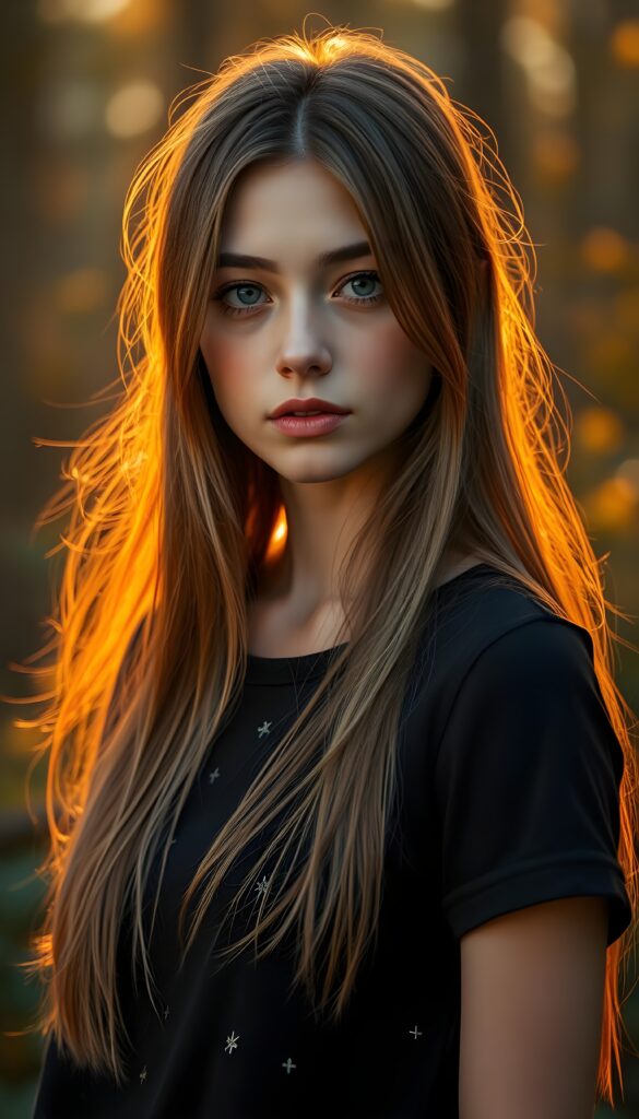 A young attractive woman with a round face, long straight light brown hair, and deep blue eyes, resembling a doll, stands gracefully before the viewer. She wears a black t-shirt adorned with subtle, shimmering magical patterns. The warm golden light bathes her, casting a soft glow that highlights her delicate features and flowing hair. The backdrop is an enchanted forest at sunset, with vibrant colors and mystical elements, enhancing the dreamy atmosphere.