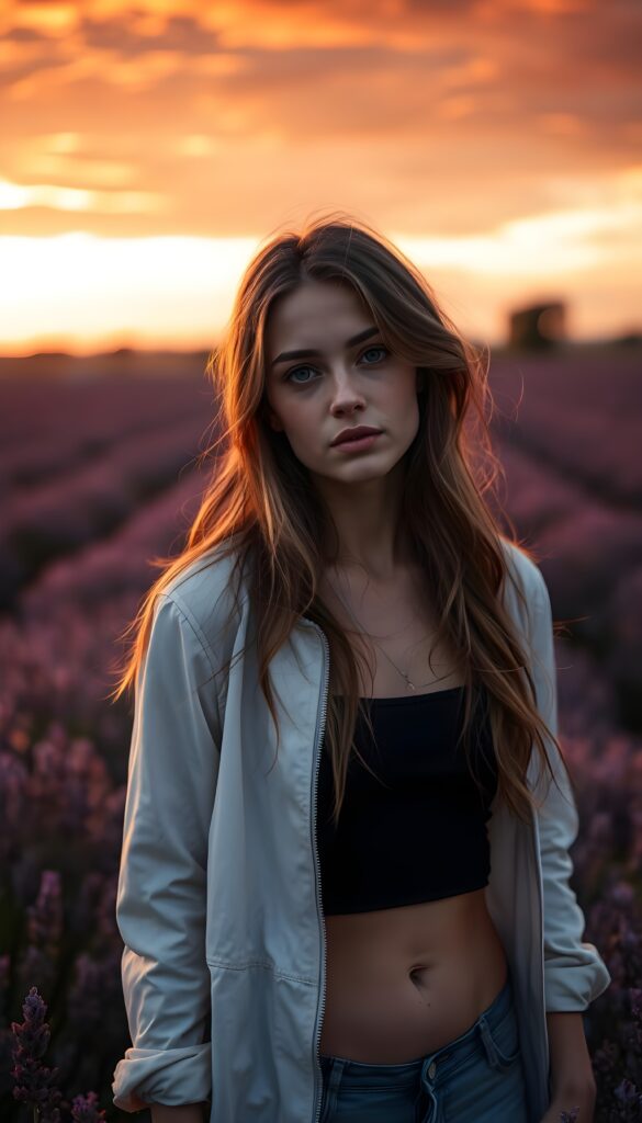 A young, beautiful French girl stands in the middle of a large lavender field at sunset. The clouds are blood red and orange. She has long, wavy brown hair that reflects the sunlight. Deep blue round eyes, a pouty mouth, and a perfectly shaped female body. Peaceful. She wears a white jacket that is half open. Underneath is a short, skimpy black tank top. Cute round small belly button