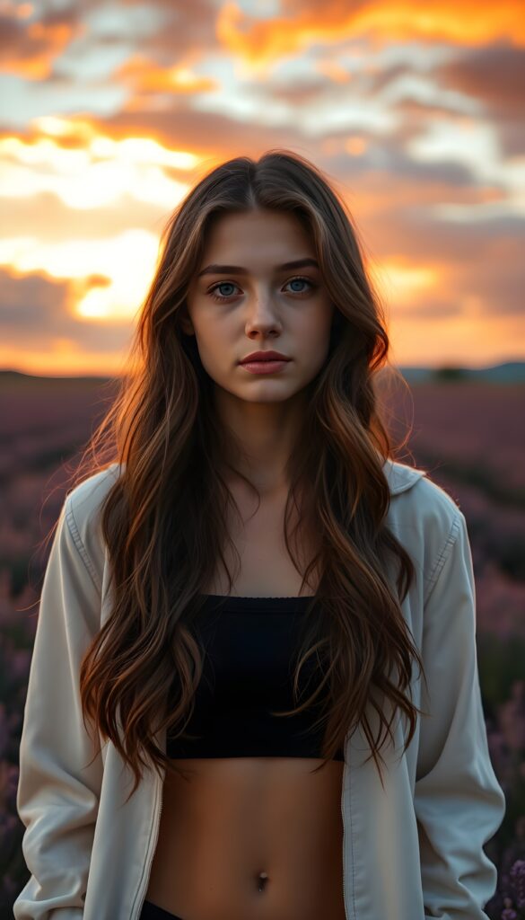 A young, beautiful French girl stands in the middle of a large lavender field at sunset. The clouds are blood red and orange. She has long, wavy brown hair that reflects the sunlight. Deep blue round eyes, a pouty mouth, and a perfectly shaped female body. Peaceful. She wears a white jacket that is half open. Underneath is a short, skimpy black tank top. Cute round small belly button