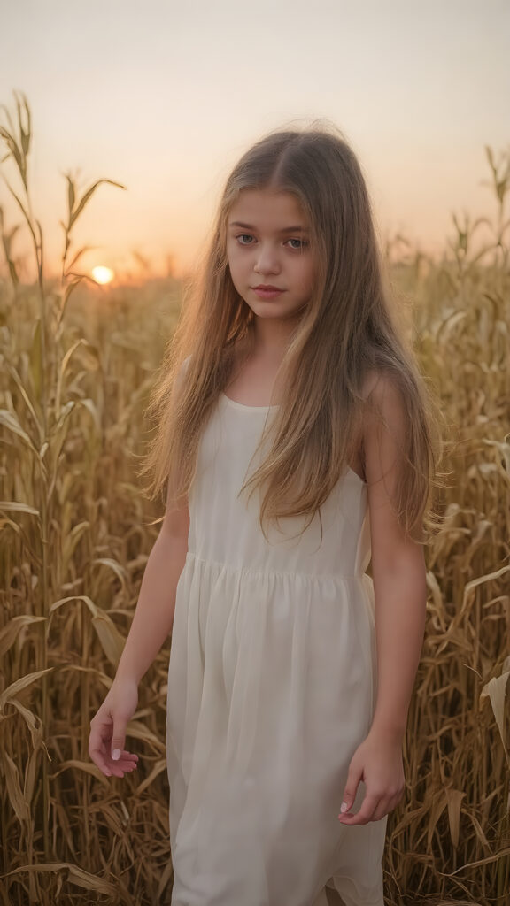 A young, beautiful girl with light clothes made of white silk, walks through a golden cornfield during a sunset. She is gentle, enchanting and has a beautiful, feminine body. Her long hair falls gently and softly over her body.