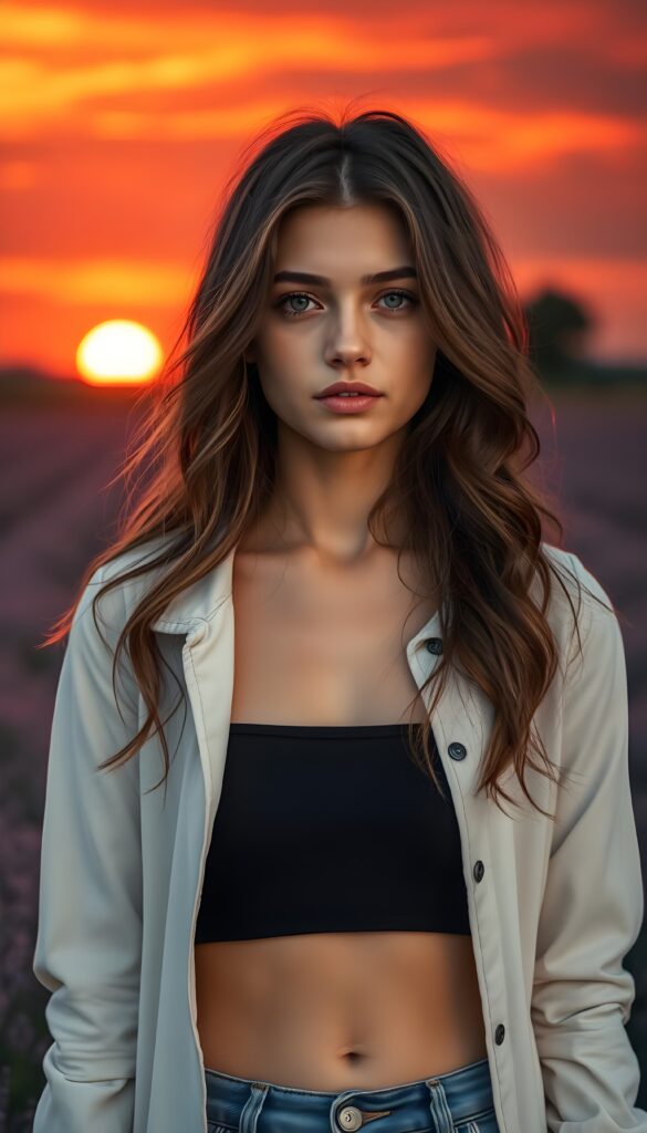 A young, beautiful French girl stands in the middle of a large lavender field at sunset. The clouds are blood red and orange. She has long, wavy brown hair that reflects the sunlight. Deep blue round eyes, a pouty mouth, and a perfectly shaped female body. Peaceful. She wears a white jacket that is half open. Underneath is a short, skimpy black tank top. Cute round small belly button
