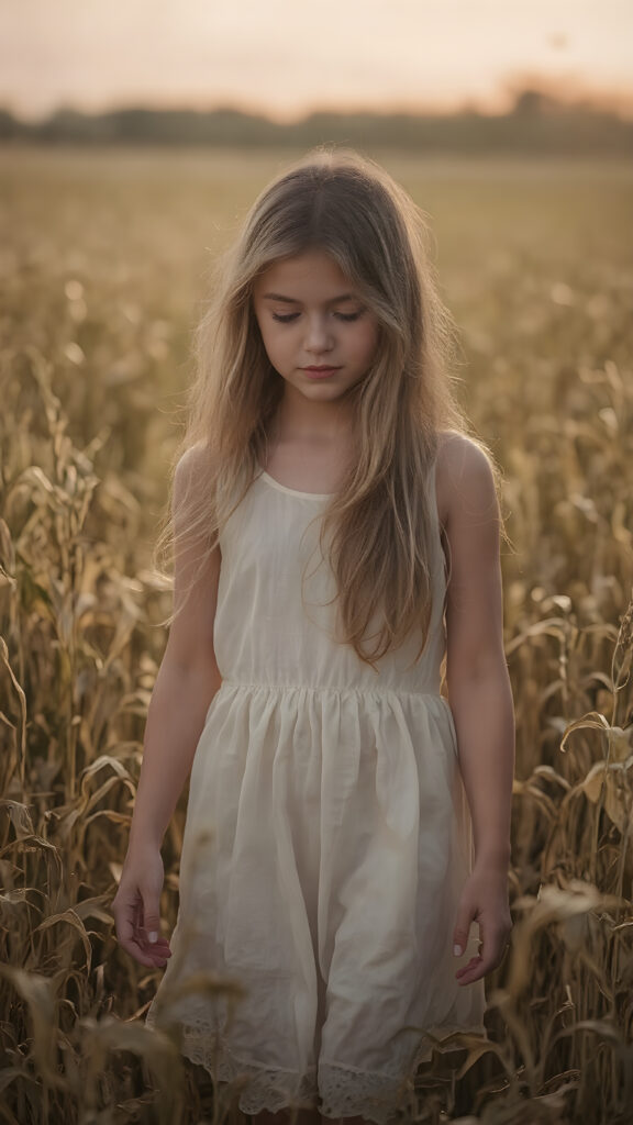 A young, beautiful girl with light clothes made of white silk, walks through a golden cornfield during a sunset. She is gentle, enchanting and has a beautiful, feminine body. Her long hair falls gently and softly over her body.