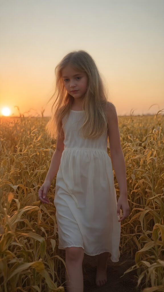 A young, beautiful girl with light clothes made of white silk, walks through a golden cornfield during a sunset. She is gentle, enchanting and has a beautiful, feminine body. Her long hair falls gently and softly over her body.