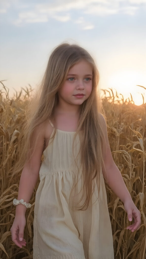 A young, beautiful girl with light clothes made of white silk, walks through a golden cornfield during a sunset. She is gentle, enchanting and has a beautiful, feminine body. Her long hair falls gently and softly over her body.