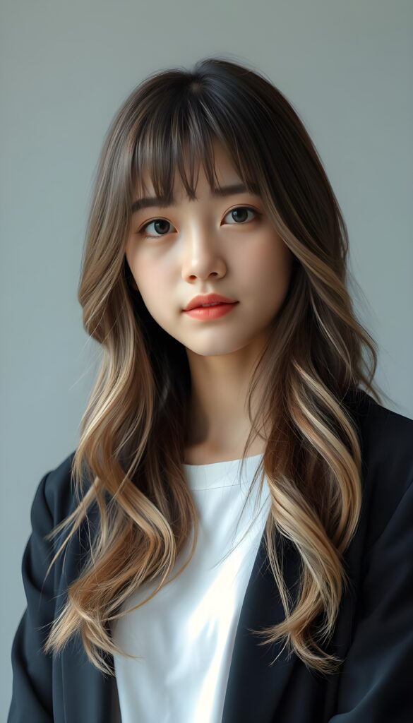 A young, beautiful Asian girl with long, light brown soft open wavy hair and white highlights, bangs cut. Light grey backdrop. Realistic. She is wearing a black blazer and a white t-shirt underneath.