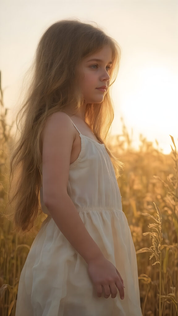 A young, beautiful girl with light clothes made of white silk, walks through a golden cornfield during a sunset. She is gentle, enchanting and has a beautiful, feminine body. Her long hair falls gently and softly over her body.