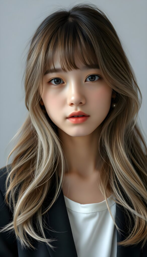 A young, beautiful Asian girl with long, light brown soft open wavy hair and white highlights, bangs cut. Light grey backdrop. Realistic. She is wearing a black blazer and a white t-shirt underneath.