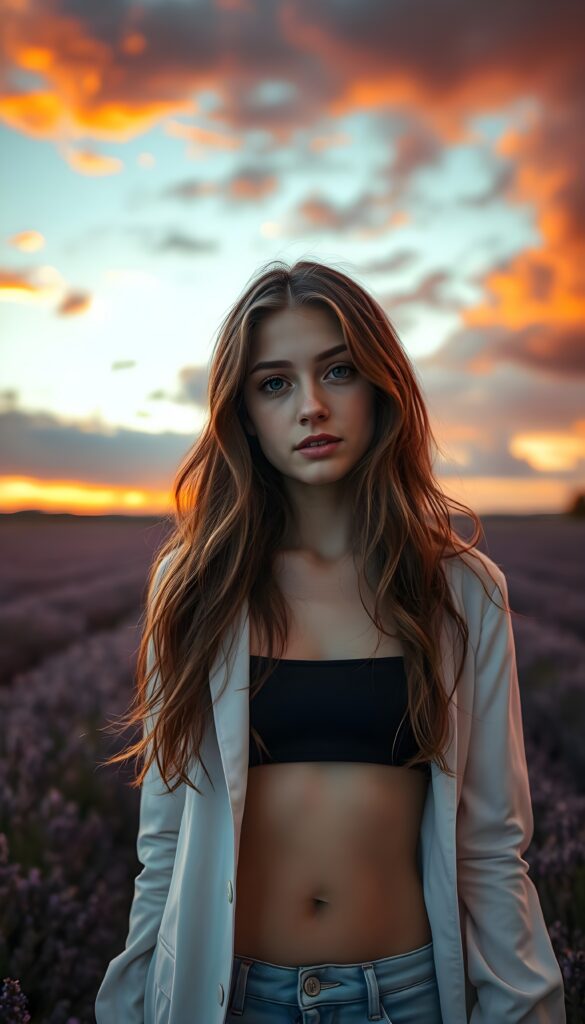 A young, beautiful French girl stands in the middle of a large lavender field at sunset. The clouds are blood red and orange. She has long, wavy brown hair that reflects the sunlight. Deep blue round eyes, a pouty mouth, and a perfectly shaped female body. Peaceful. She wears a white jacket that is half open. Underneath is a short, skimpy black tank top. Cute round small belly button