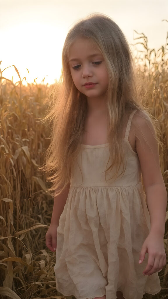 A young, beautiful girl with light clothes made of white silk, walks through a golden cornfield during a sunset. She is gentle, enchanting and has a beautiful, feminine body. Her long hair falls gently and softly over her body.