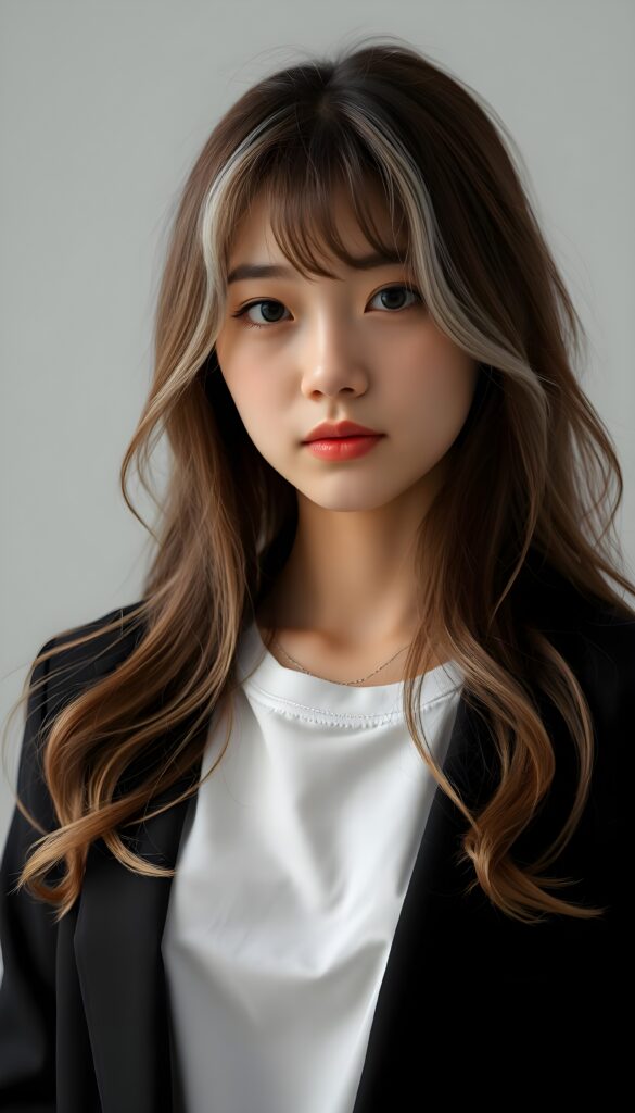 A young, beautiful Asian girl with long, light brown soft open wavy hair and white highlights, bangs cut. Light grey backdrop. Realistic. She is wearing a black blazer and a white t-shirt underneath.
