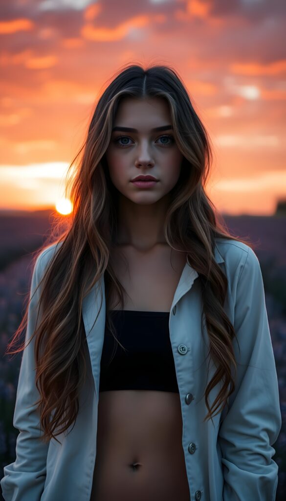 A young, beautiful French girl stands in the middle of a large lavender field at sunset. The clouds are blood red and orange. She has long, wavy brown hair that reflects the sunlight. Deep blue round eyes, a pouty mouth, and a perfectly shaped female body. Peaceful. She wears a white jacket that is half open. Underneath is a short, skimpy black tank top. Cute round small belly button