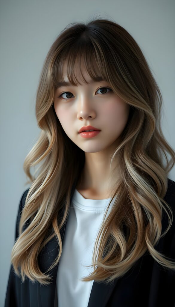 A young, beautiful Asian girl with long, light brown soft open wavy hair and white highlights, bangs cut. Light grey backdrop. Realistic. She is wearing a black blazer and a white t-shirt underneath.